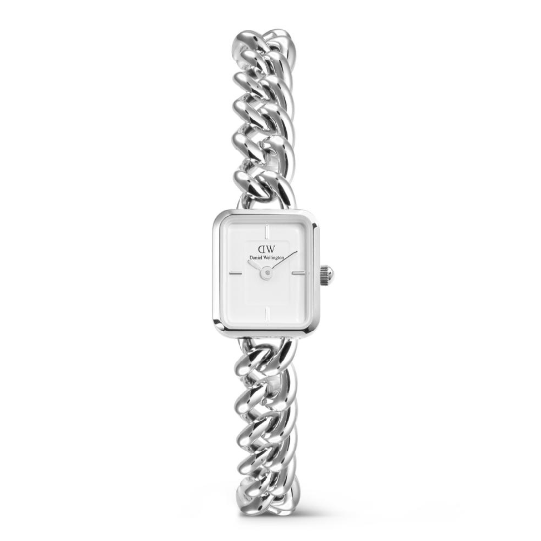 Silver watch with chain strap on a white background