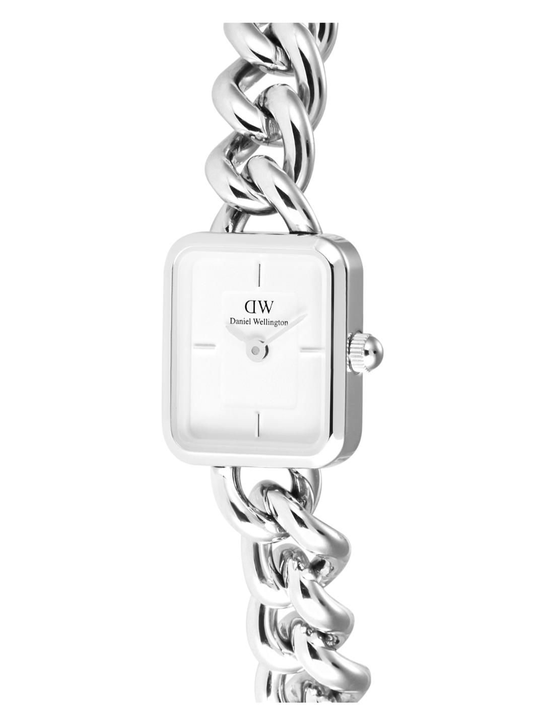Silver watch with chain strap on a white background