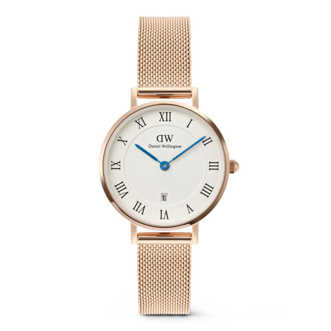 Rose gold watch with white face and blue hands on a white background