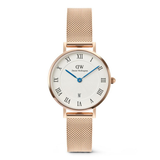 Rose gold watch with white face and blue hands on a white background