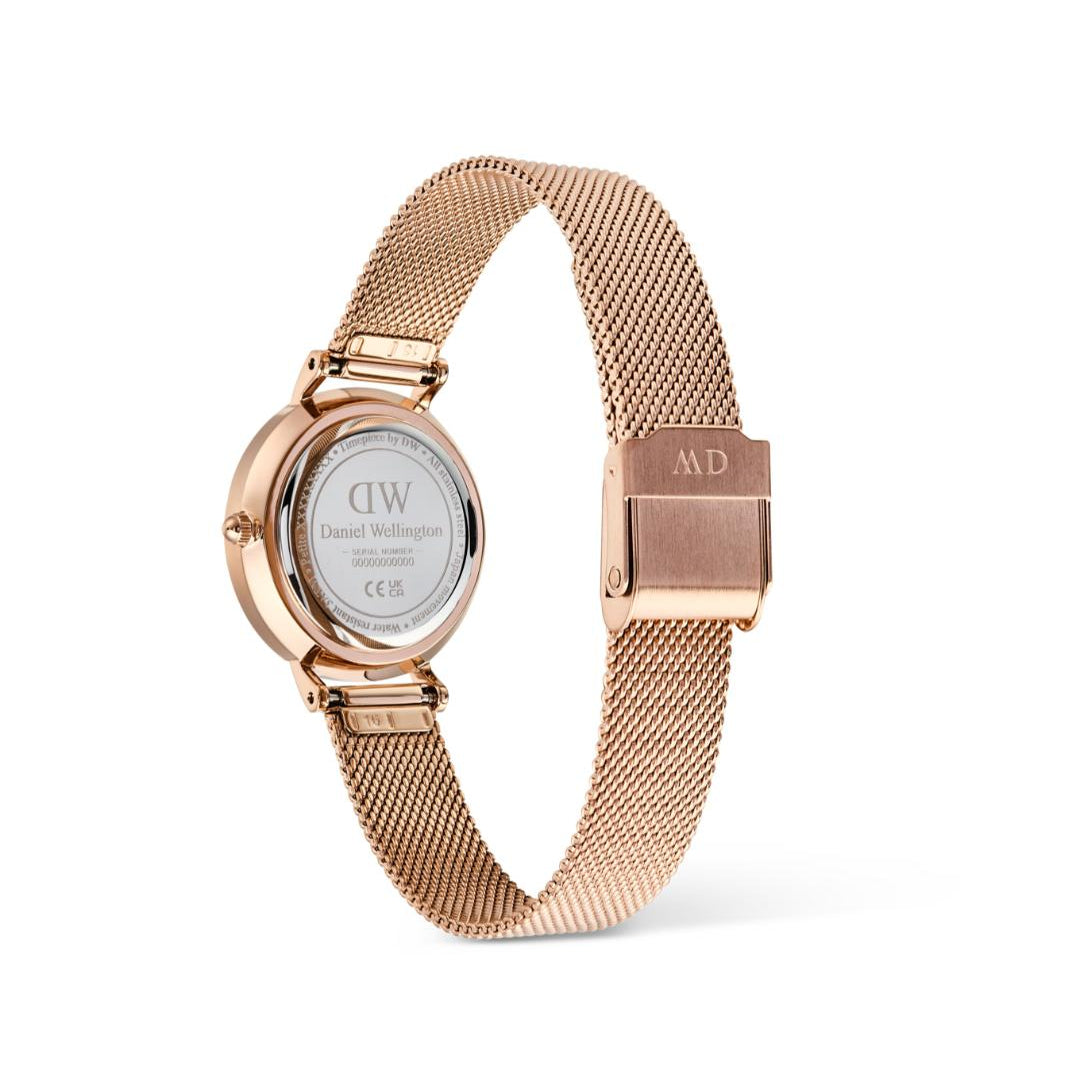 Rose gold watch with mesh band on a white background