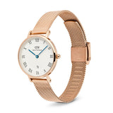 Rose gold watch with white face and blue hands on a white background