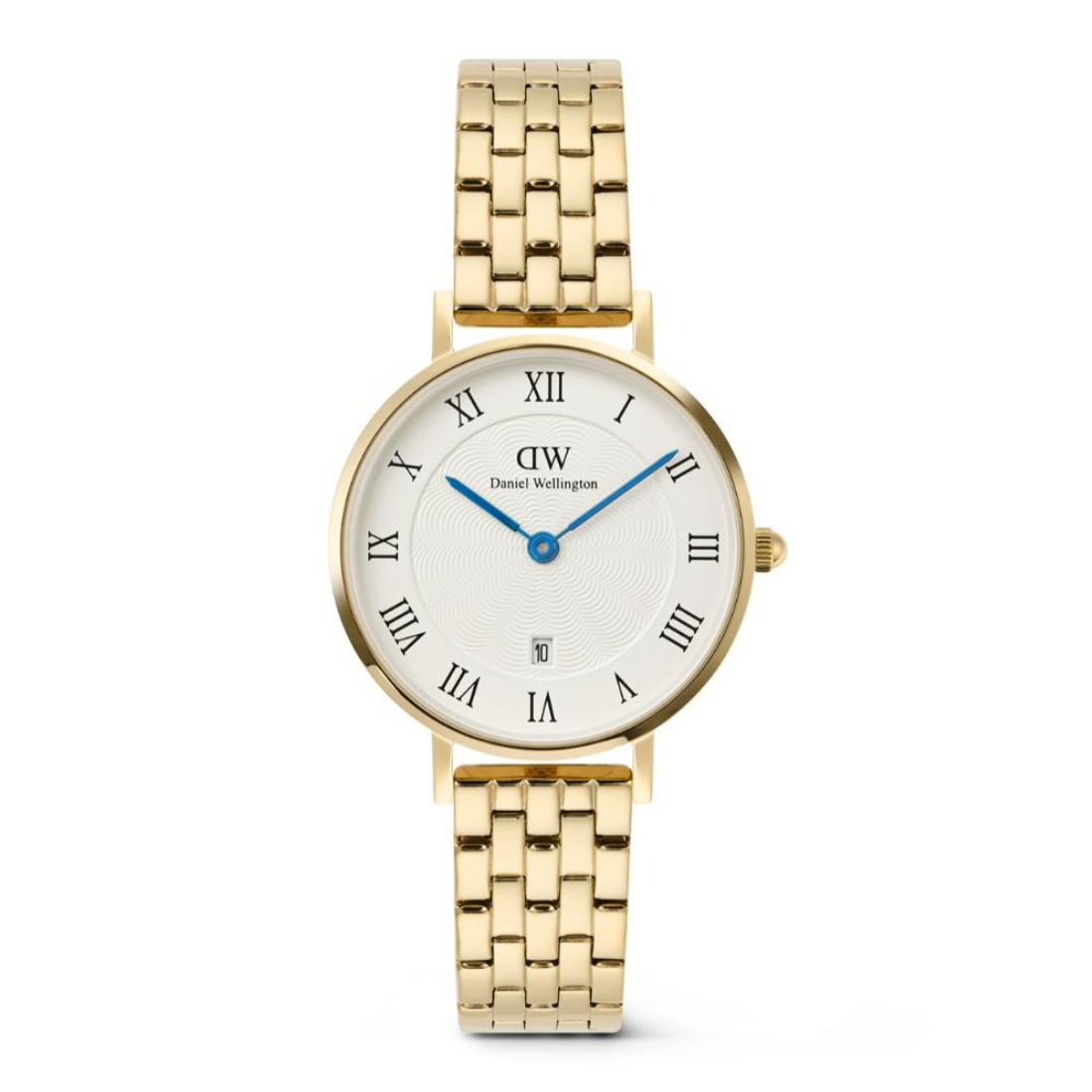 Gold watch with a white face and blue hands on a white background