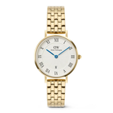 Gold watch with a white face and blue hands on a white background