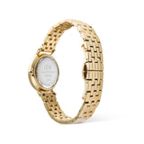 Gold watch with a white face on a white background