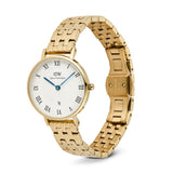 Gold watch with a white face and blue hands on a white background