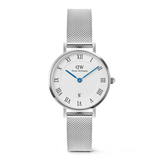 Silver watch with white face and blue hands on a white background