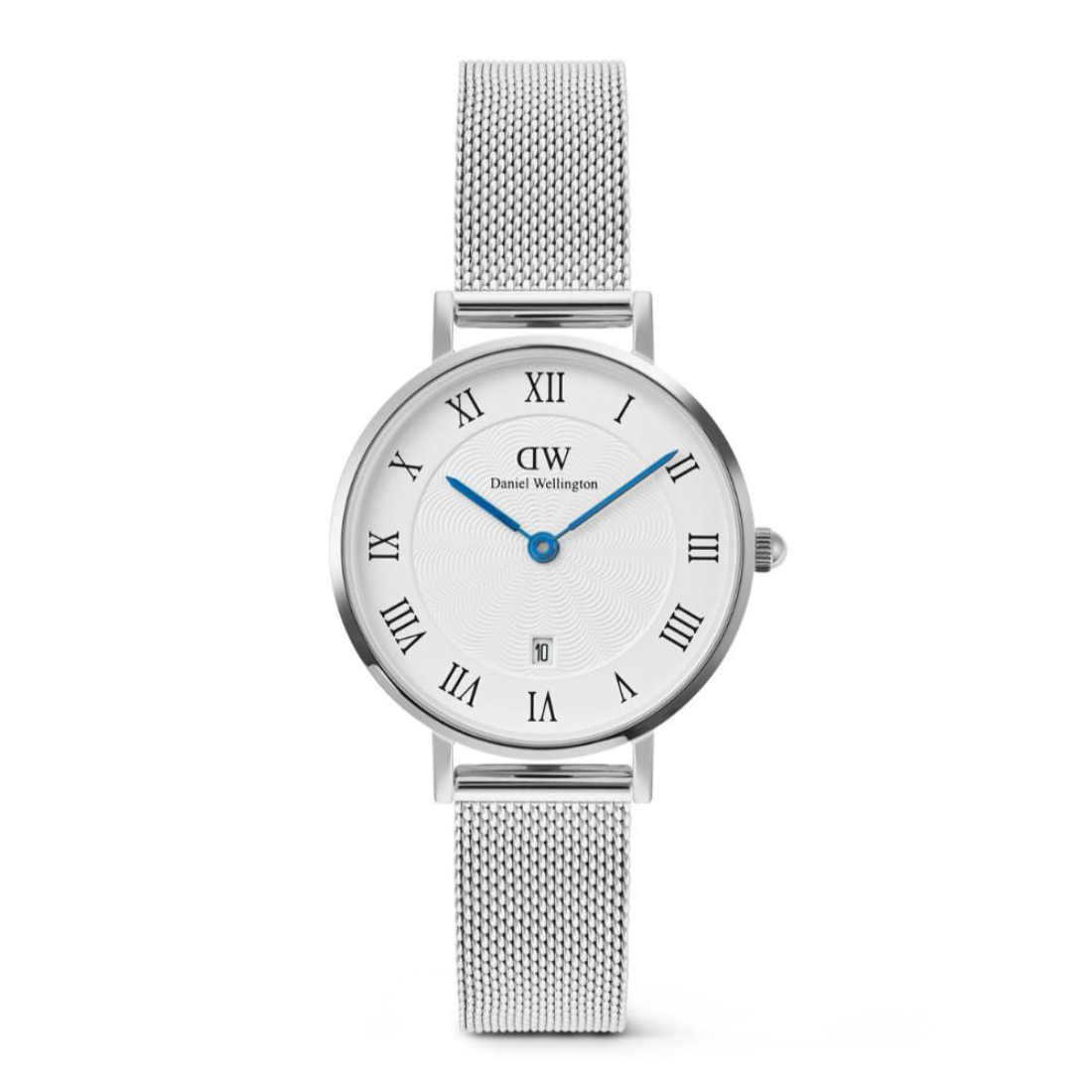 Silver watch with white face and blue hands on a white background