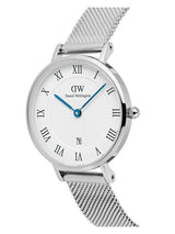 Silver watch with mesh band and white face featuring Roman numerals on a white background