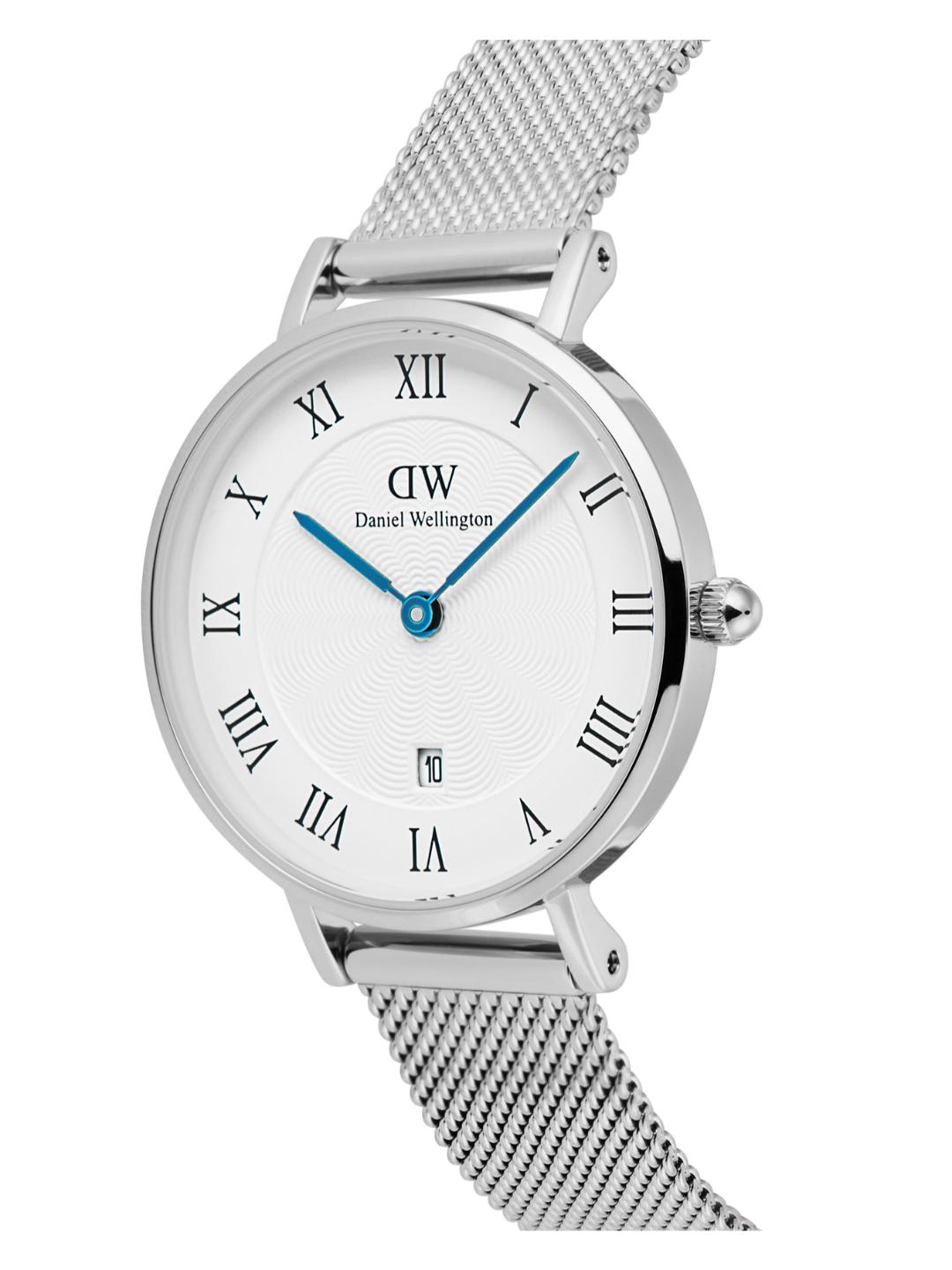 Silver watch with mesh band and white face featuring Roman numerals on a white background