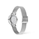 Silver watch with mesh band on a white background