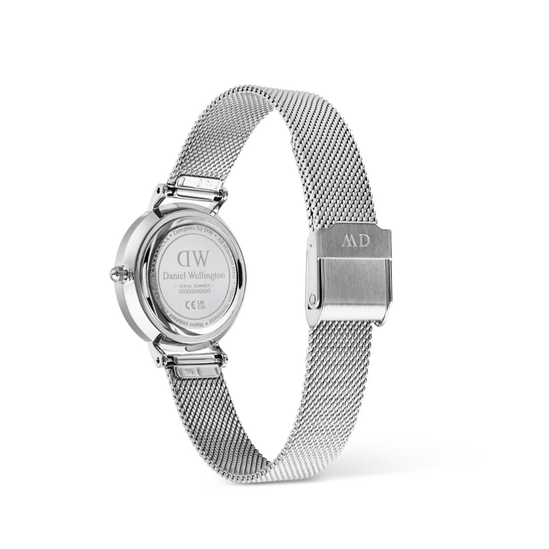 Silver watch with mesh band on a white background