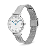 Silver watch with a white face and blue hands on a white background