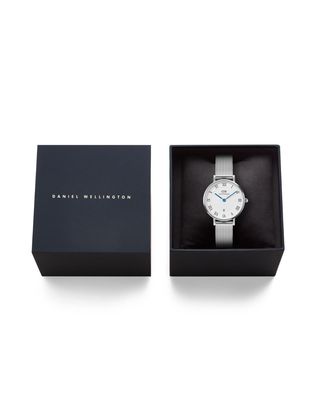 Daniel Wellington Petite Women 28 Roman Numerals Date Sterling White Silver Watch DW00100858