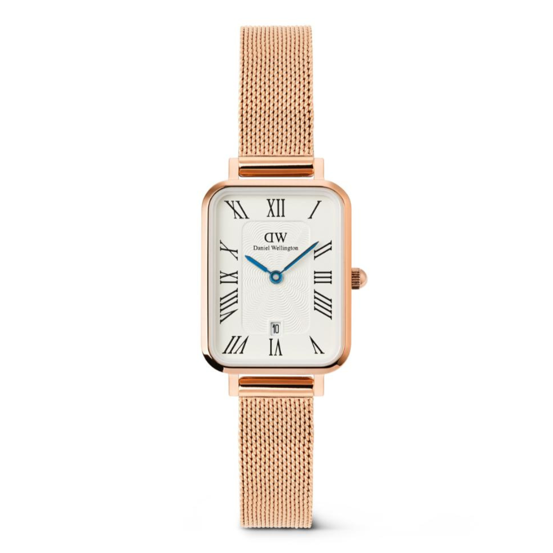 Rose gold watch with a white face and blue second hand on a white background