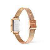 Rose gold watch with mesh band on a white background