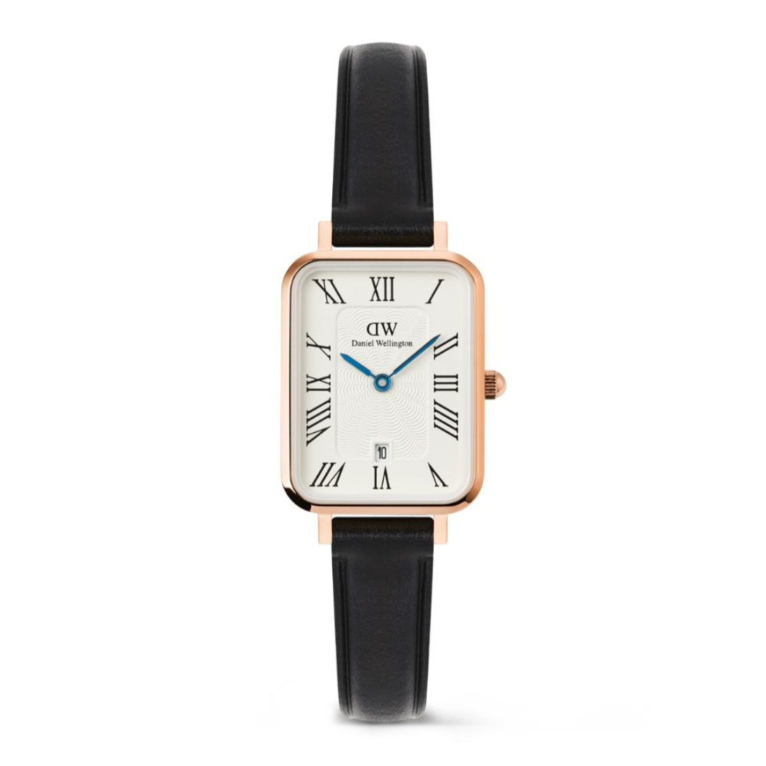 Watch with black strap and rose gold case on a white background