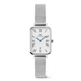 Silver watch with mesh band on a white background