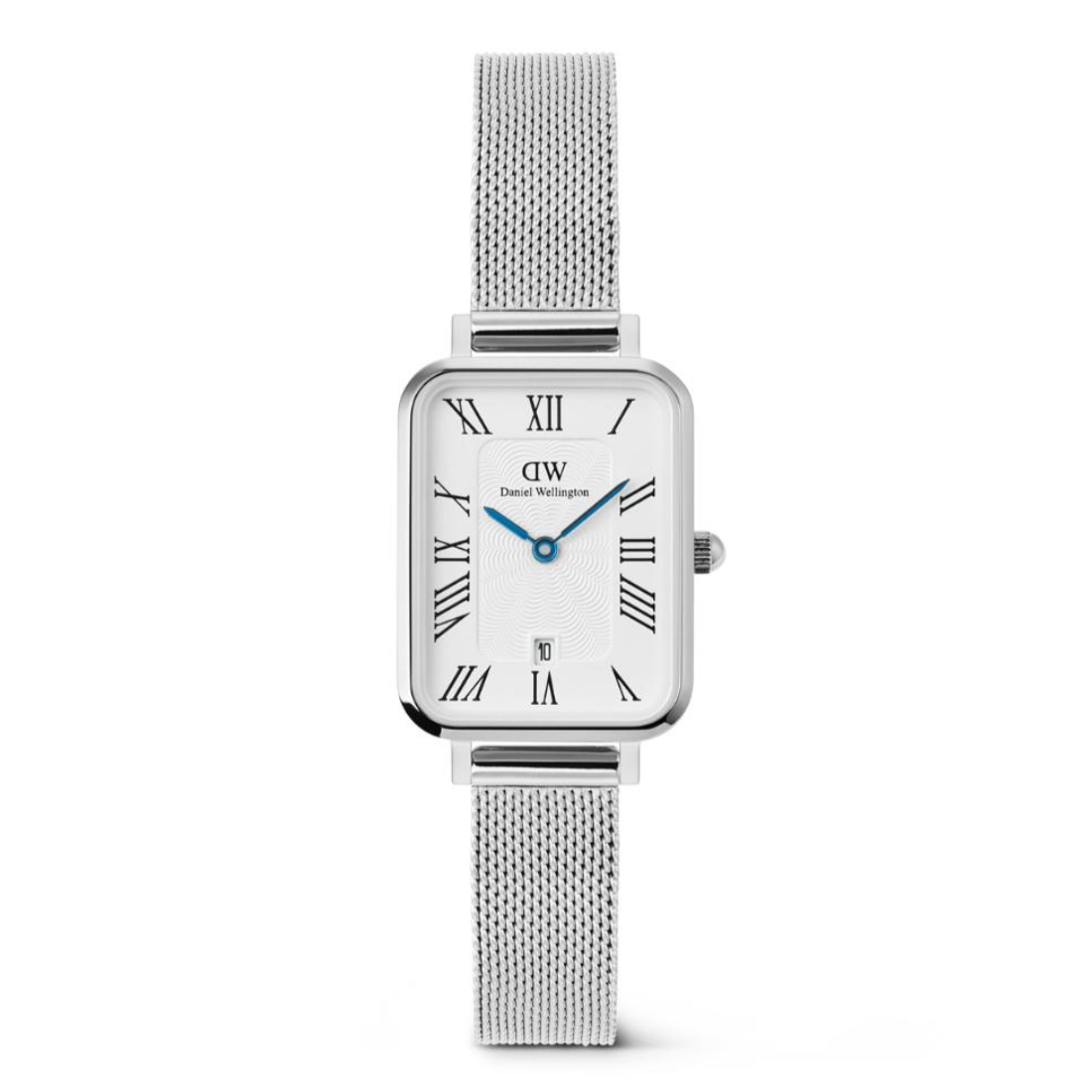 Silver watch with mesh band on a white background