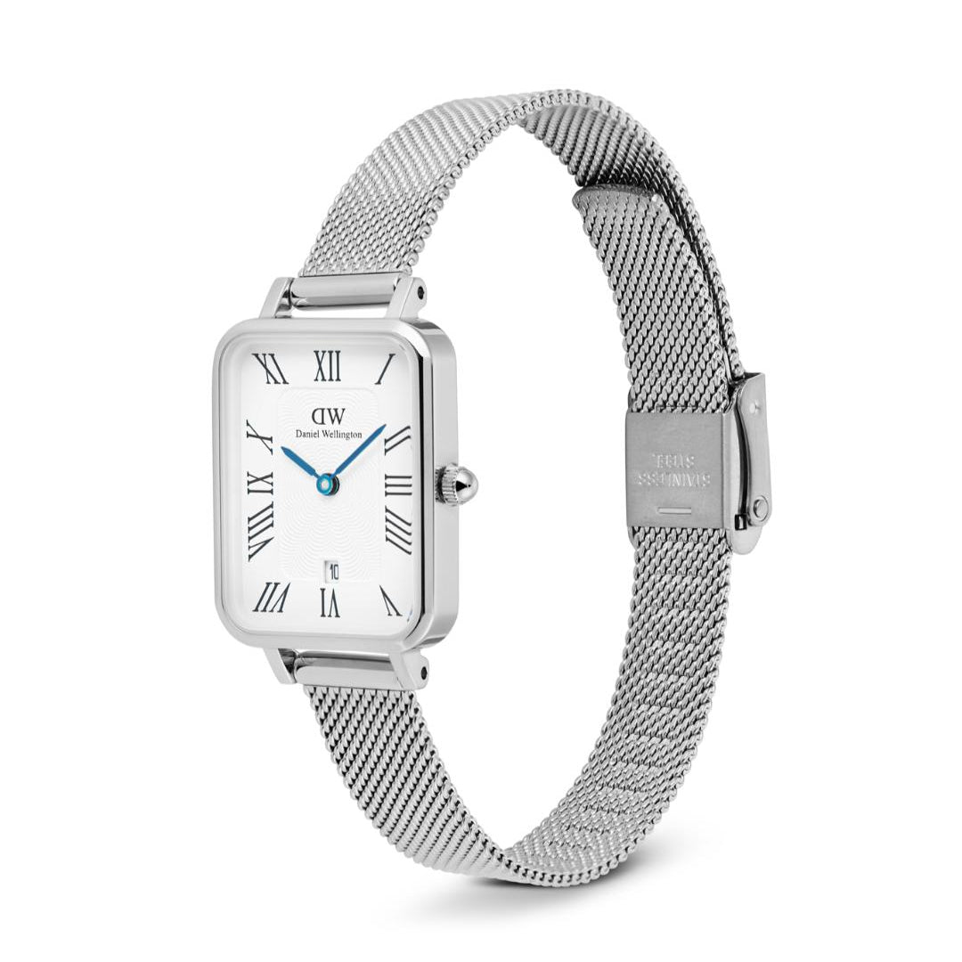 Silver watch with mesh band on a white background
