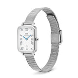 Silver watch with mesh band on a white background
