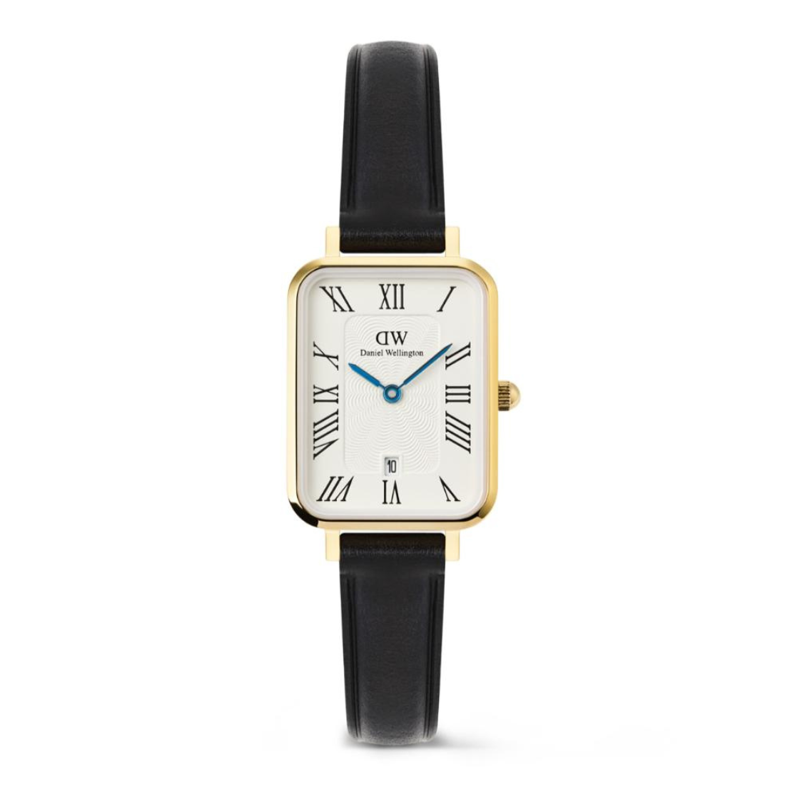 Watch with black strap and gold case on a white background