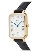Daniel Wellington watch with black strap and gold case on a white background