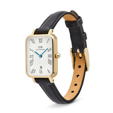 Watch with black leather strap and rose gold case on white background