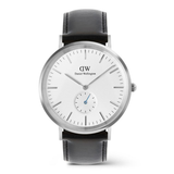 Daniel Wellington watch with black leather strap and white dial on a white background