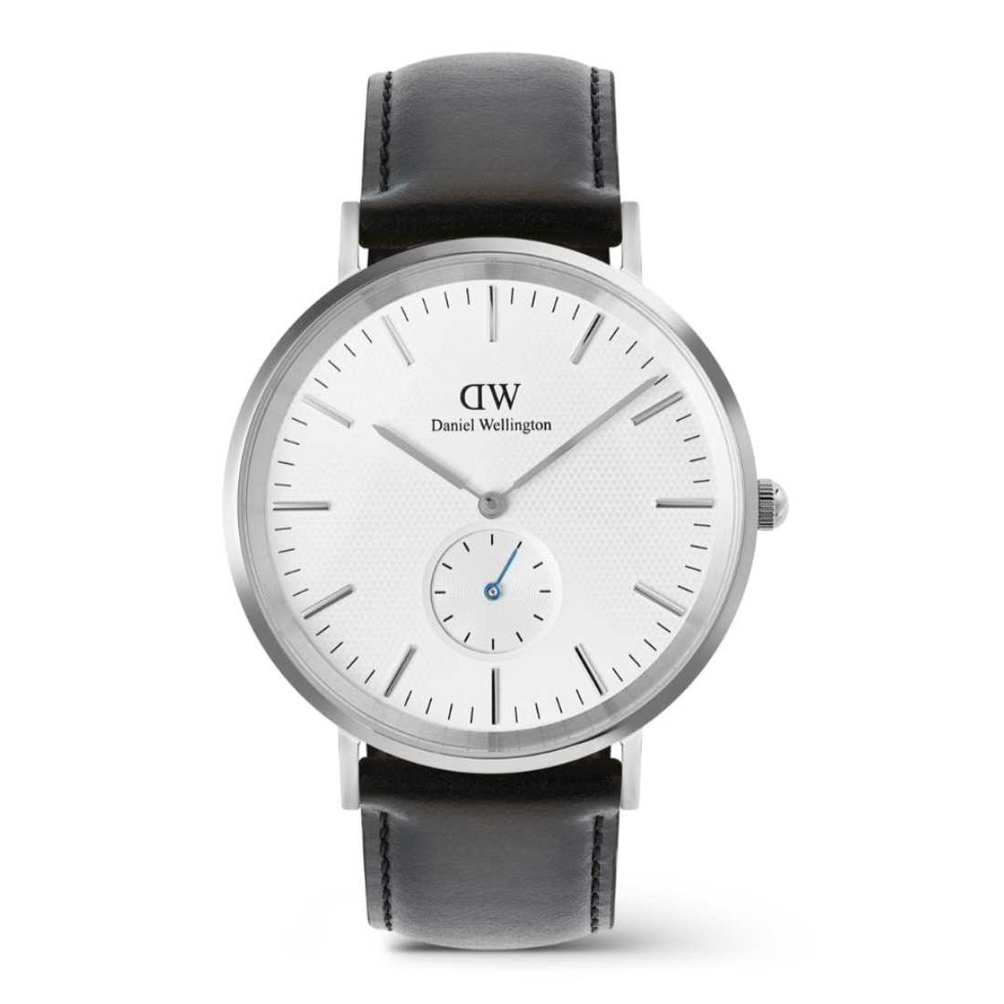 Daniel Wellington watch with black leather strap and white dial on a white background