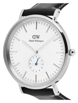 Daniel Wellington watch with black strap and silver case on a white background