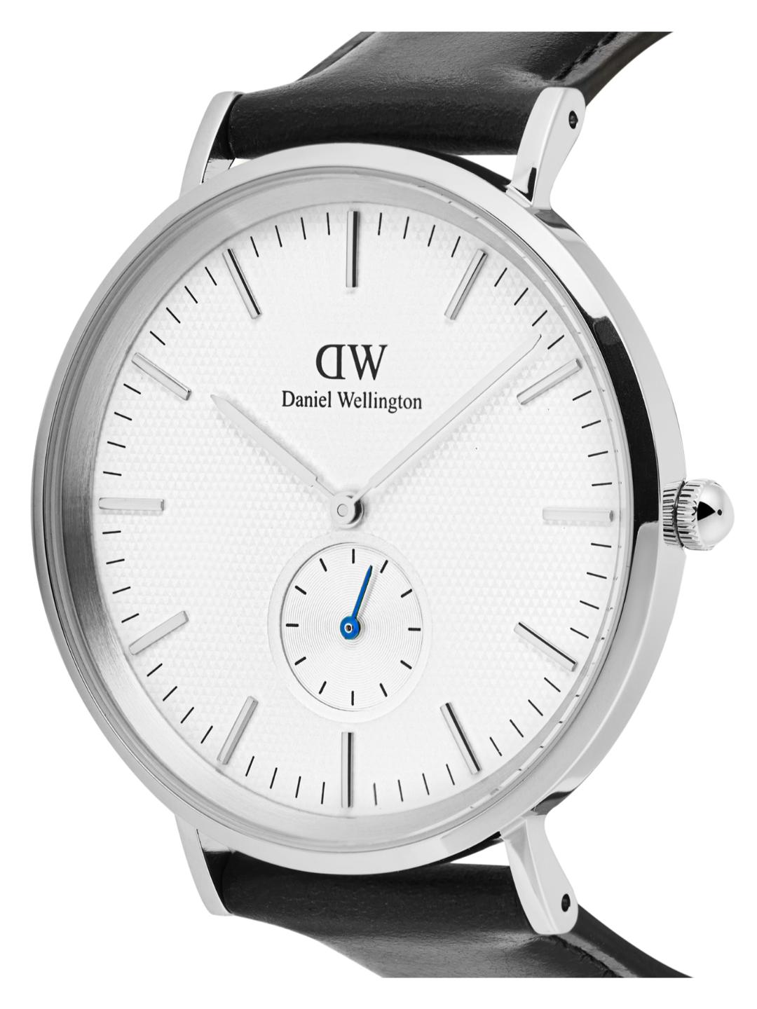 Daniel Wellington watch with black strap and silver case on a white background