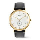 Daniel Wellington watch with gold case, white dial, and black leather strap on a white background
