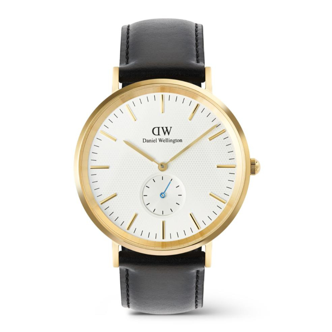 Daniel Wellington watch with gold case, white dial, and black leather strap on a white background