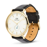 Gold watch with black and brown leather strap on a white background