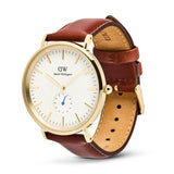 Daniel Wellington watch with brown leather strap on a white background
