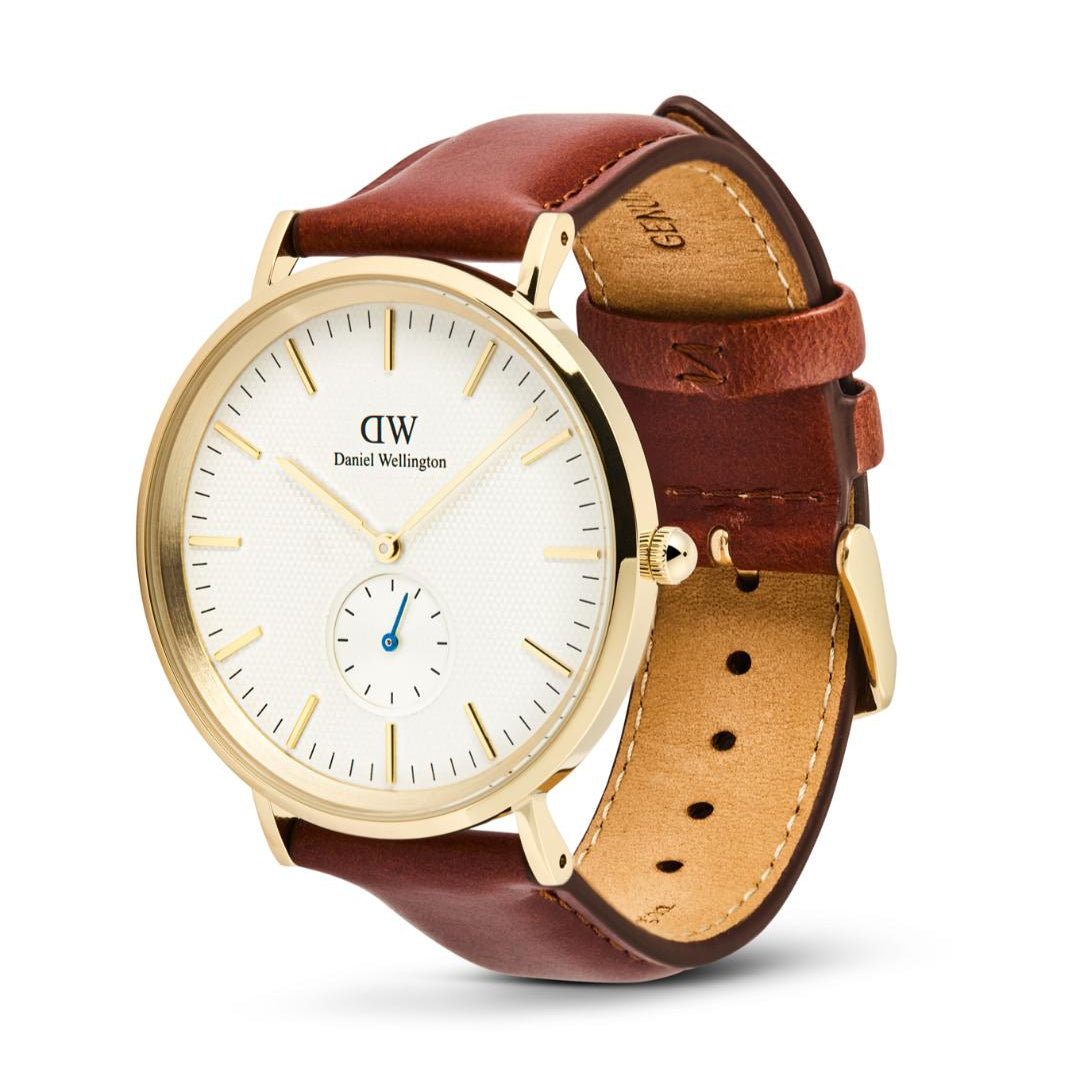 Daniel Wellington watch with brown leather strap on a white background