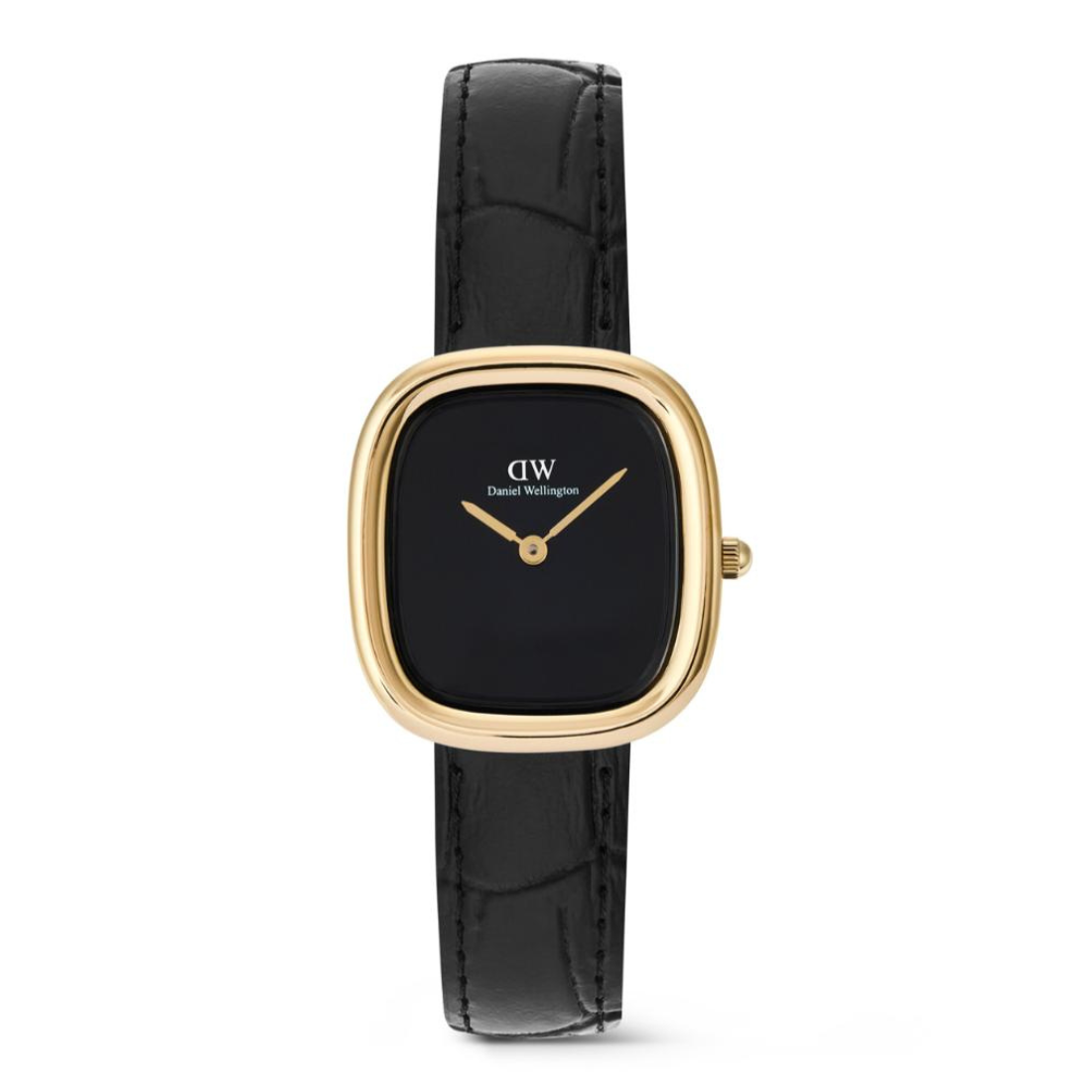 Black watch with gold bezel and black leather strap on a white background