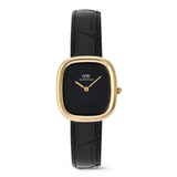 Black watch with gold bezel and black leather strap on a white background