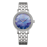 Silver watch with a blue face on a white background