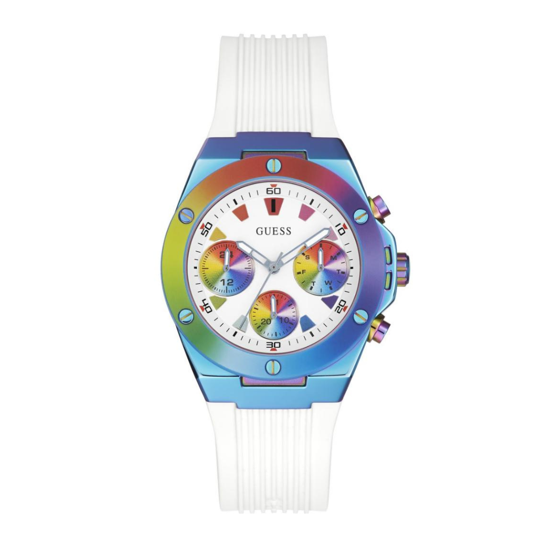 Colorful watch with a white strap on a white background