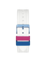 White watch strap with blue and pink buckle on a white background
