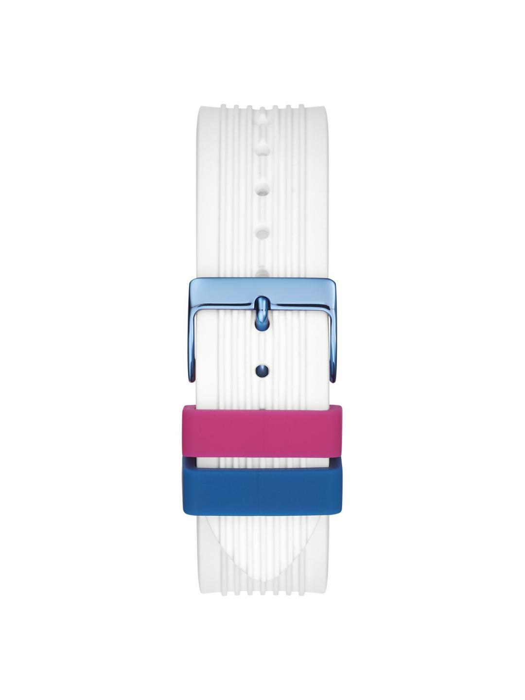 White watch strap with blue and pink buckle on a white background