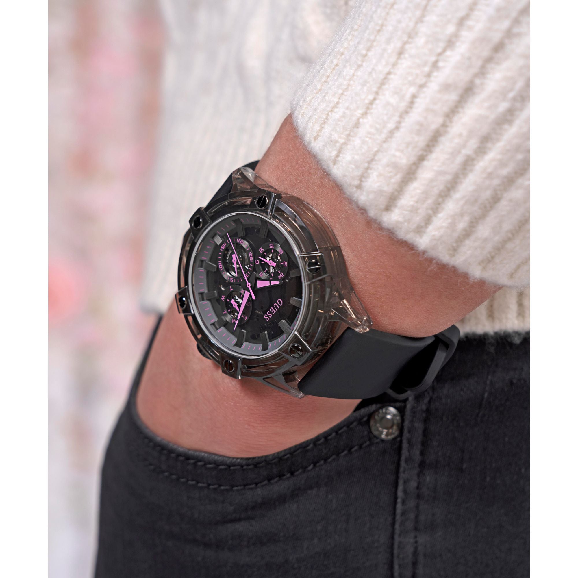 Guess Sporting Pink 48 mm Black Dial Men Analog Watch GW0032G2
