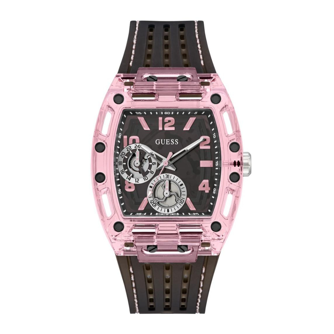 Pink and black watch with visible brand logo on a white background