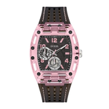 Pink and black watch with visible brand logo on a white background