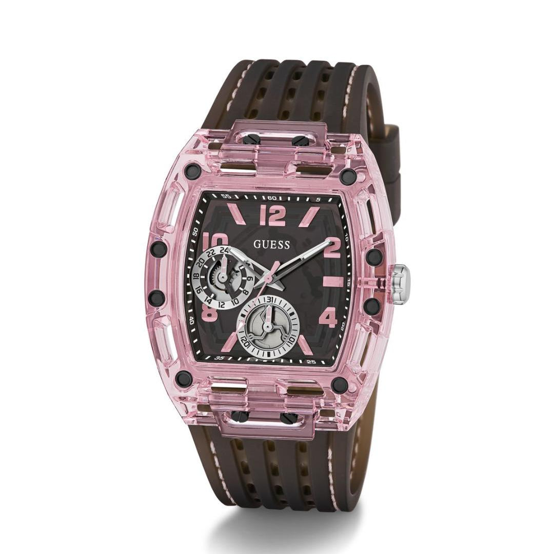 Pink and black watch with visible brand logo on a white background