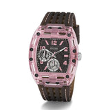 Pink and black watch with visible brand logo on a white background