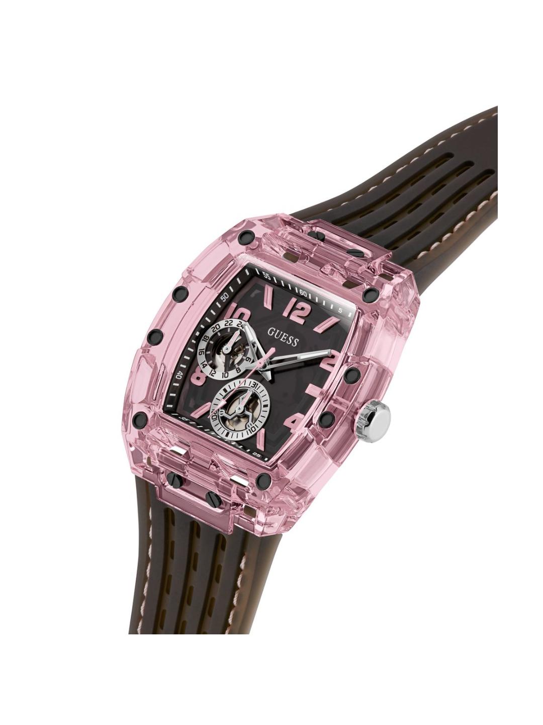 Pink Guess watch with brown strap on a white background