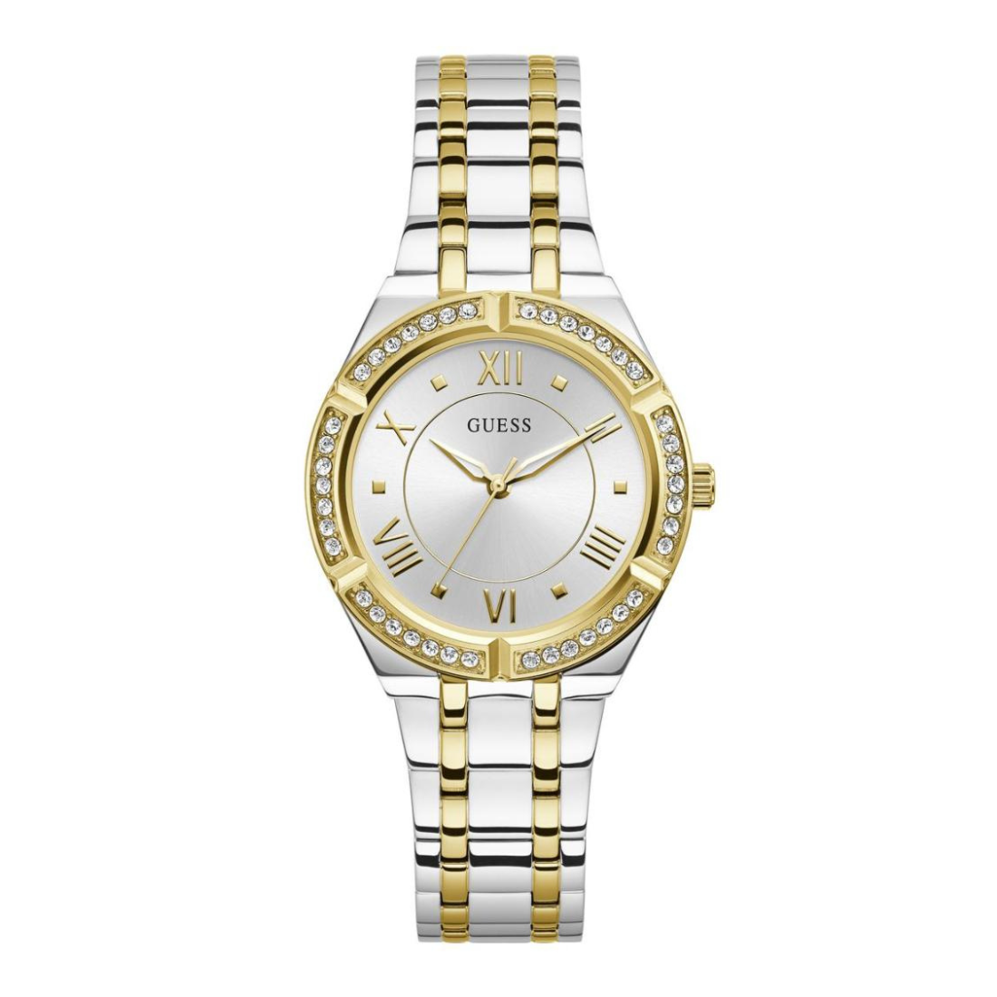Two-tone Guess watch with gold and silver band on a white background